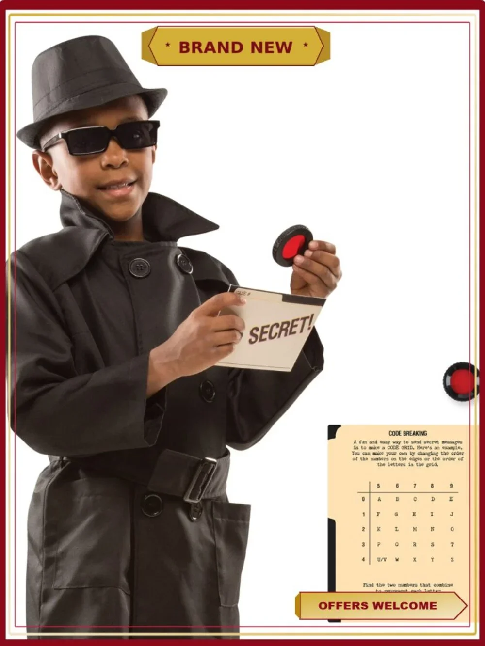 Spy Costume Role Play Set Trench Coat Fedora Hat Decoder Lens Ages 5-8